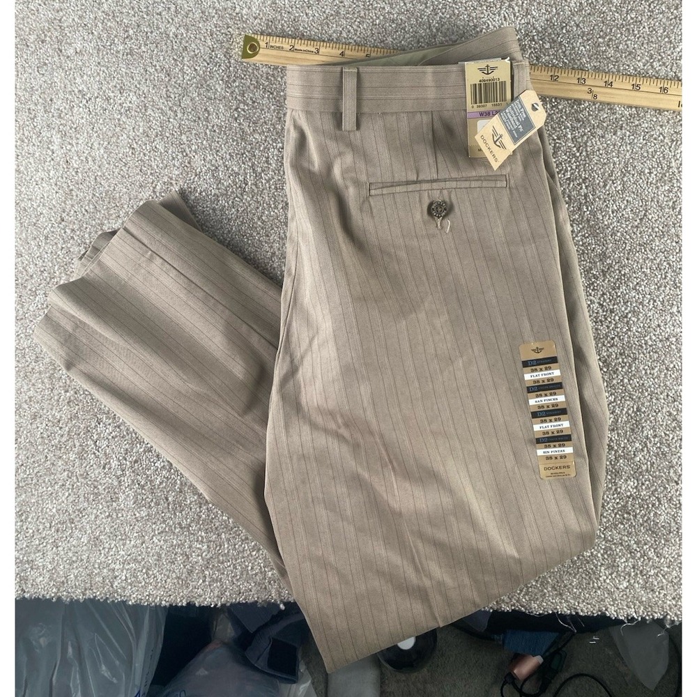 Dockers Beige Striped D2 Straight Fit Flat Front Pants Mens 38x29 Cotton Preppy